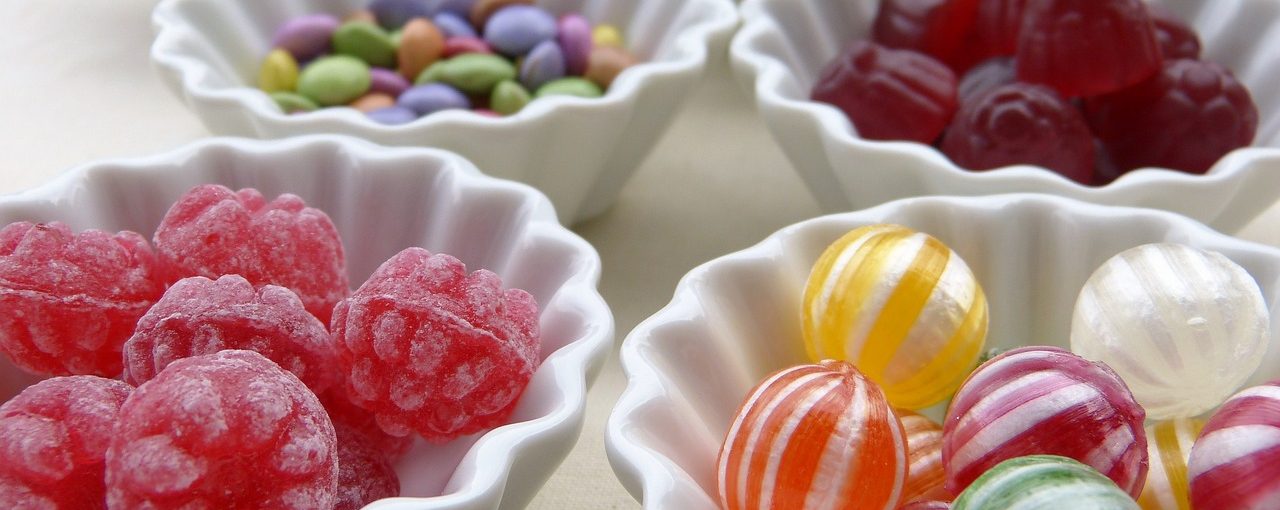 Closeup of bowls full of candy